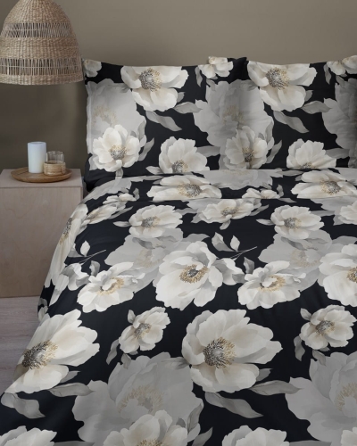 Komplet pościeli z satyny bawełnianej czarnej 160x200 w duże pełne kwiaty Home Satin