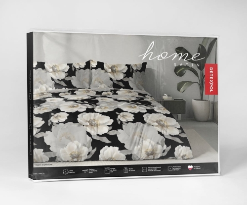 Komplet pościeli z satyny bawełnianej czarnej 160x200 w duże pełne kwiaty Home Satin