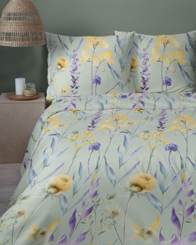 Komplet pościeli z satyny bawełnianej miętowej 160x200 w fioletowe kwiaty Home Satin