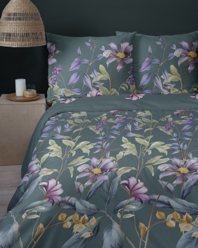 Komplet pościeli z satyny bawełnianej petrol 220x200 w botaniczne kwiaty Home Satin