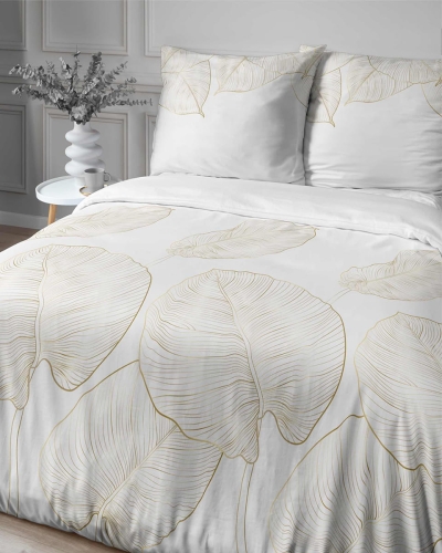 Komplet pościeli z satyny bawełnianej białej 160x200 w złote liście Home Satin