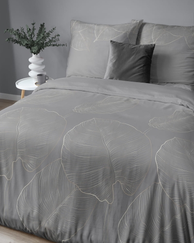 Komplet pościeli z satyny bawełnianej ciemnoszarej 220x200 w liście Home Satin