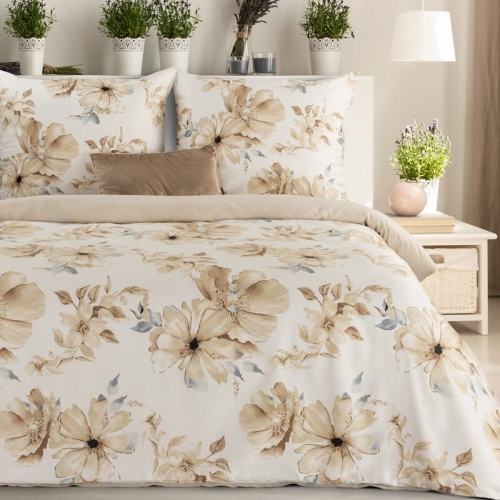 Komplet pościeli z bawełny satynowej 220x200 w odcieniach beżu w kwiaty