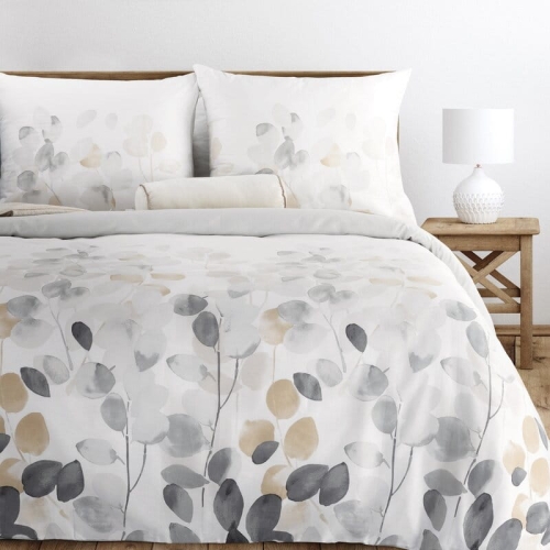 Komplet pościeli z bawełny satynowej 220x200 w liście w odcieniach szarości i beżu