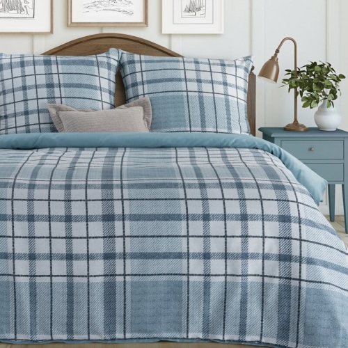 Komplet pościeli z bawełny satynowej 220x200 w błękitną kratę