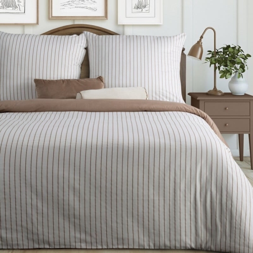 Komplet pościeli z bawełny satynowej 160x200 biało beżowej w pasy