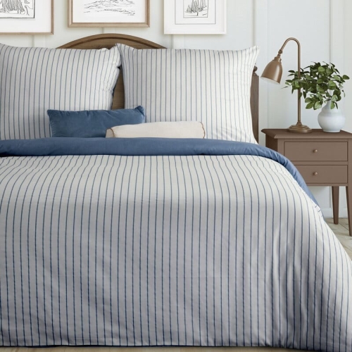 Komplet pościeli z bawełny satynowej 160x200 biało granatowej w pasy