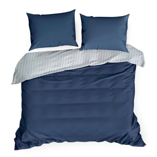 Komplet pościeli z bawełny satynowej 220x200 biało granatowej w pasy