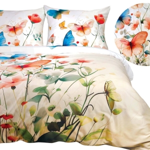 Pościel z bawełny satynowej Satynlove 160x200 w kwiaty i motyle