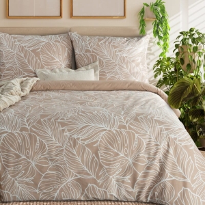 Komplet pościeli z bawełny satynowej beżowej 220x200 w tropikalne liście 