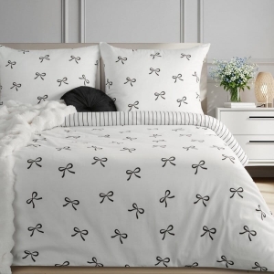 Komplet pościeli z bawełny satynowej 220x200 w czarne kokardki