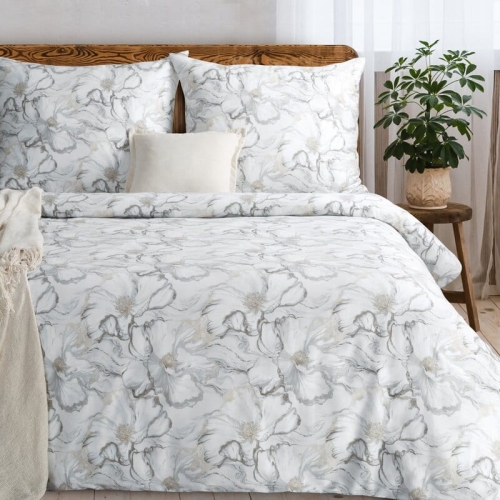 Komplet pościeli z bawełny satynowej 220x200 w kwiaty w odcieniach szarości