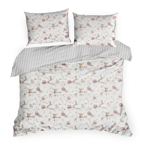 Komplet pościeli z bawełny satynowej 160x200 w kwiaty i ptaki