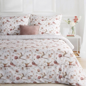 Komplet pościeli z bawełny satynowej 220x200 w kwiaty i ptaki