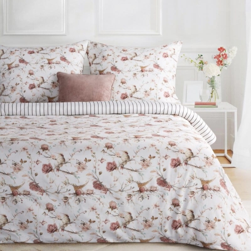 Komplet pościeli z bawełny satynowej 220x200 w kwiaty i ptaki