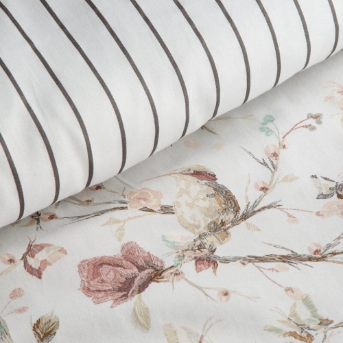 Komplet pościeli z bawełny satynowej 220x200 w kwiaty i ptaki