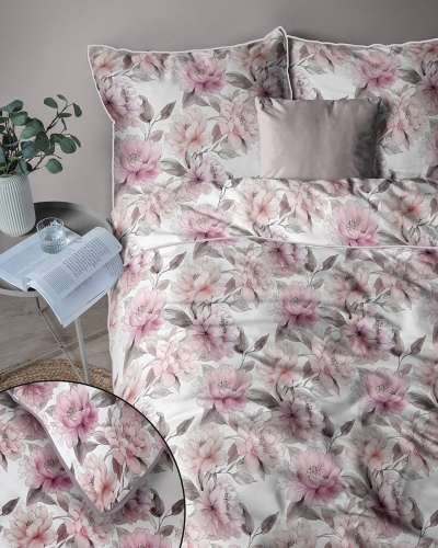 Pościel z perkalu 220x200 Różowe Kwiaty Piwonii Lame Percale