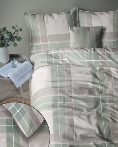 Pościel z perkalu 160x200 Szaro Zielono Beżowa Krata Lame Percale