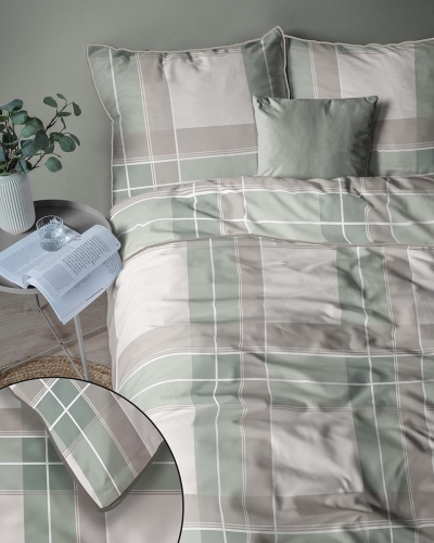 Pościel z perkalu 160x200 Szaro Zielono Beżowa Krata Lame Percale