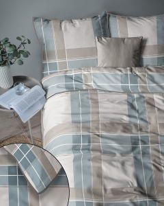 Pościel z perkalu 160x200 Szaro Błękitno Beżowa Krata Lame Percale