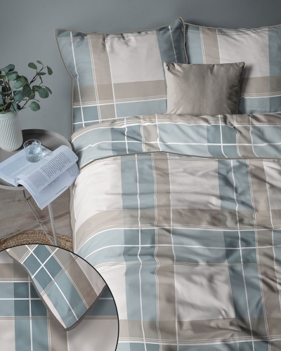 Pościel z perkalu 160x200 Szaro Błękitno Beżowa Krata Lame Percale