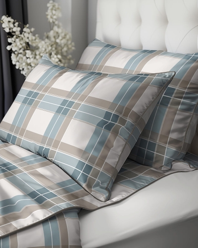 Pościel z perkalu 160x200 Szaro Błękitno Beżowa Krata Lame Percale