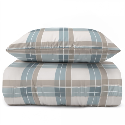 Pościel z perkalu 220x200 Szaro Błękitno Beżowa Krata Lame Percale