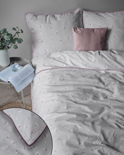 Pościel z perkalu popielata 160x200 Drobne Stokrotki Lame Percale