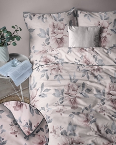 Pościel z perkalu pudrowa 220x200 Romantyczny Wzór Kwiatów Peoni Lame Percale