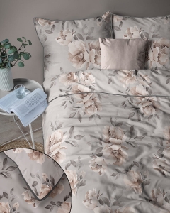 Pościel z perkalu popielata 220x200 Beżowe Kwiaty Peonii Lame Percale 