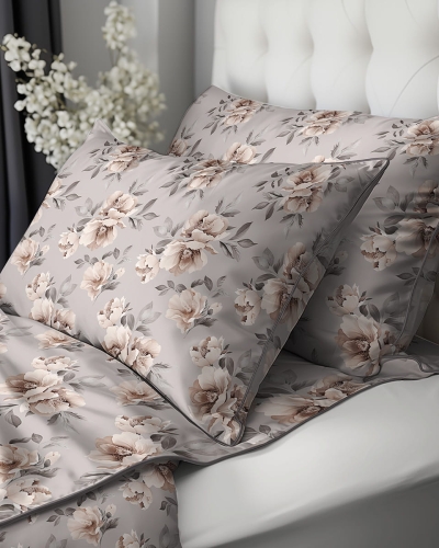 Pościel z perkalu popielata 220x200 Beżowe Kwiaty Peonii Lame Percale 