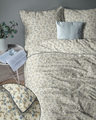 Pościel z perkalu 160x200 Niebieskie i Żółte Kwiaty Lame Percale