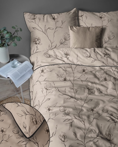 Pościel z perkalu ciemno beżowa 160x200 Kwiaty Lame Percale