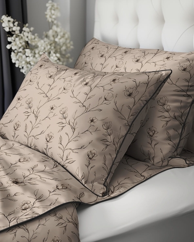 Pościel z perkalu ciemno beżowa 160x200 Kwiaty Lame Percale
