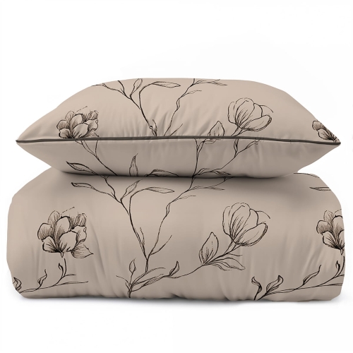 Pościel z perkalu ciemno beżowa 160x200 Kwiaty Lame Percale