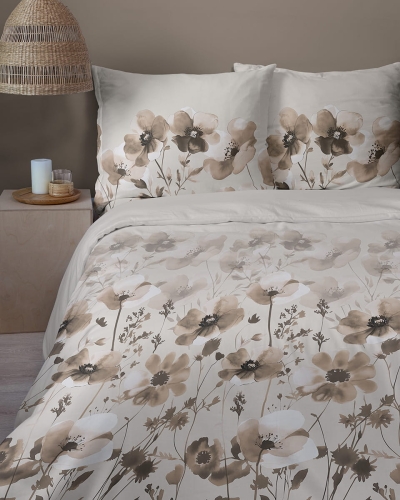 Komplet pościeli Home Satin z satyny bawełnianej 160x200 w ciemno beżowe kwiaty