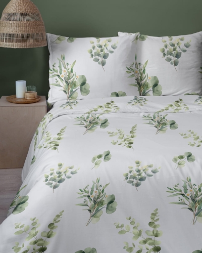 Komplet pościeli Home Satin z satyny bawełnianej 160x200 w zielone gałązki eukaliptusa