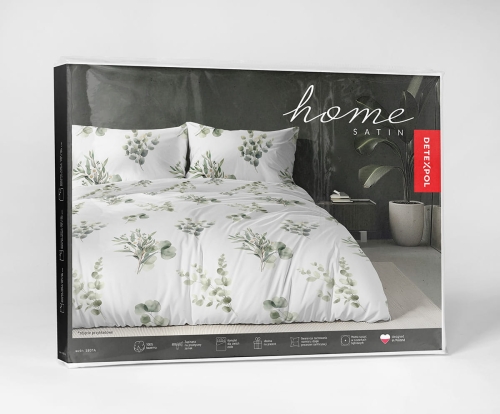 Komplet pościeli Home Satin z satyny bawełnianej 160x200 w zielone gałązki eukaliptusa