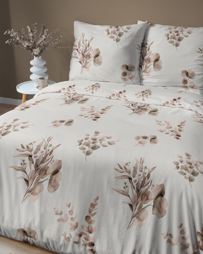 Komplet pościeli Home Satin z satyny bawełnianej 160x200 w beżowe gałązki eukaliptusa