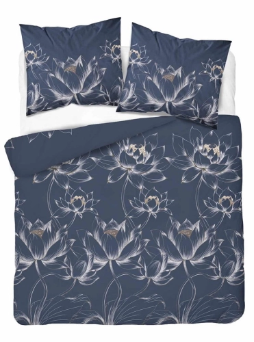 Pościel bawełniana 100% granatowa 220x200 kwiaty lotosu