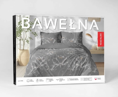 Pościel bawełniana 100% szara 220x200 kwiaty lotosu
