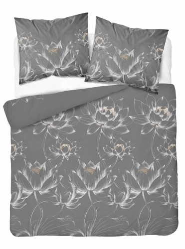 Pościel bawełniana 100% szara 180x200 kwiaty lotosu 