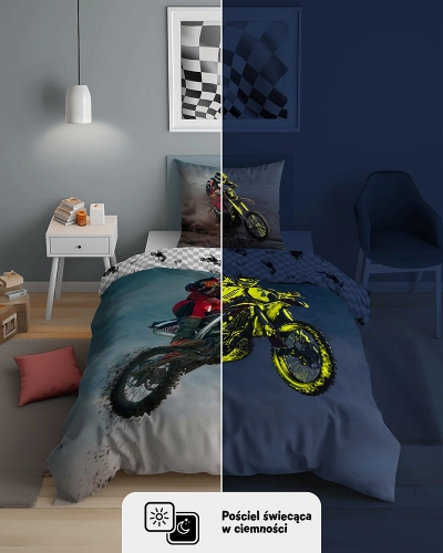 Pościel bawełniana młodzieżowa świecąca 140x200 Motocross