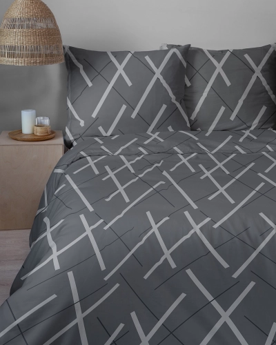 Komplet pościeli grafitowej z satyny bawełnianej 220x200 geometryczny wzór Home Satin