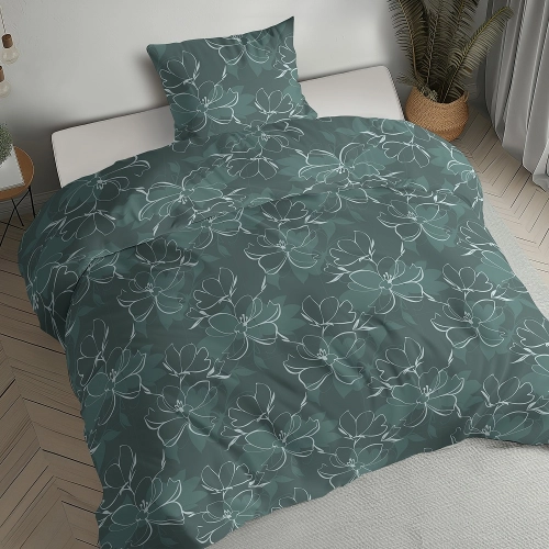 Pościel flanelowa butelkowa zieleń 140x200 kwiaty