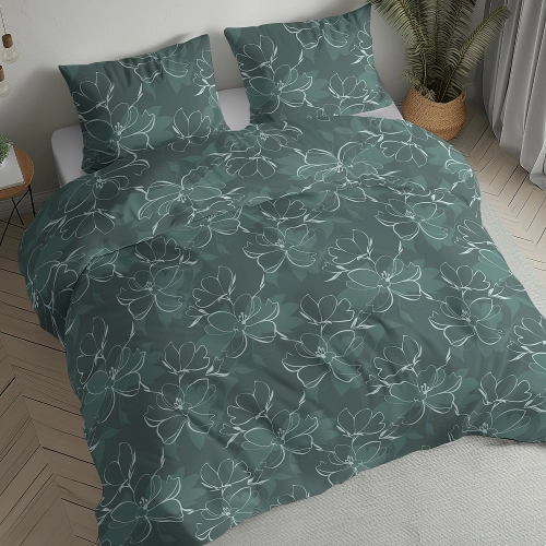 Pościel flanelowa butelkowa zieleń 160x200 kwiaty