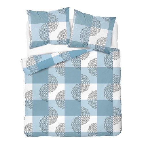 Pościel flanelowa błękitno biała 160x200 krata i okręgi