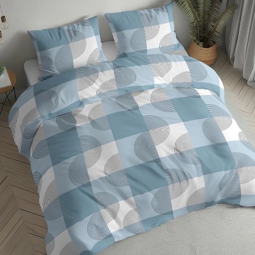 Pościel flanelowa błękitno biała 220x200 krata i okręgi
