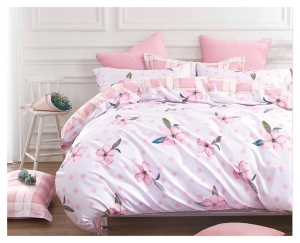 Komplet pościeli dwustronnej biało różowej 200x220 w różowe grochy i kwiaty