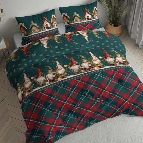 Pościel flanelowa świąteczna zielona 220x200 świąteczne skrzaty